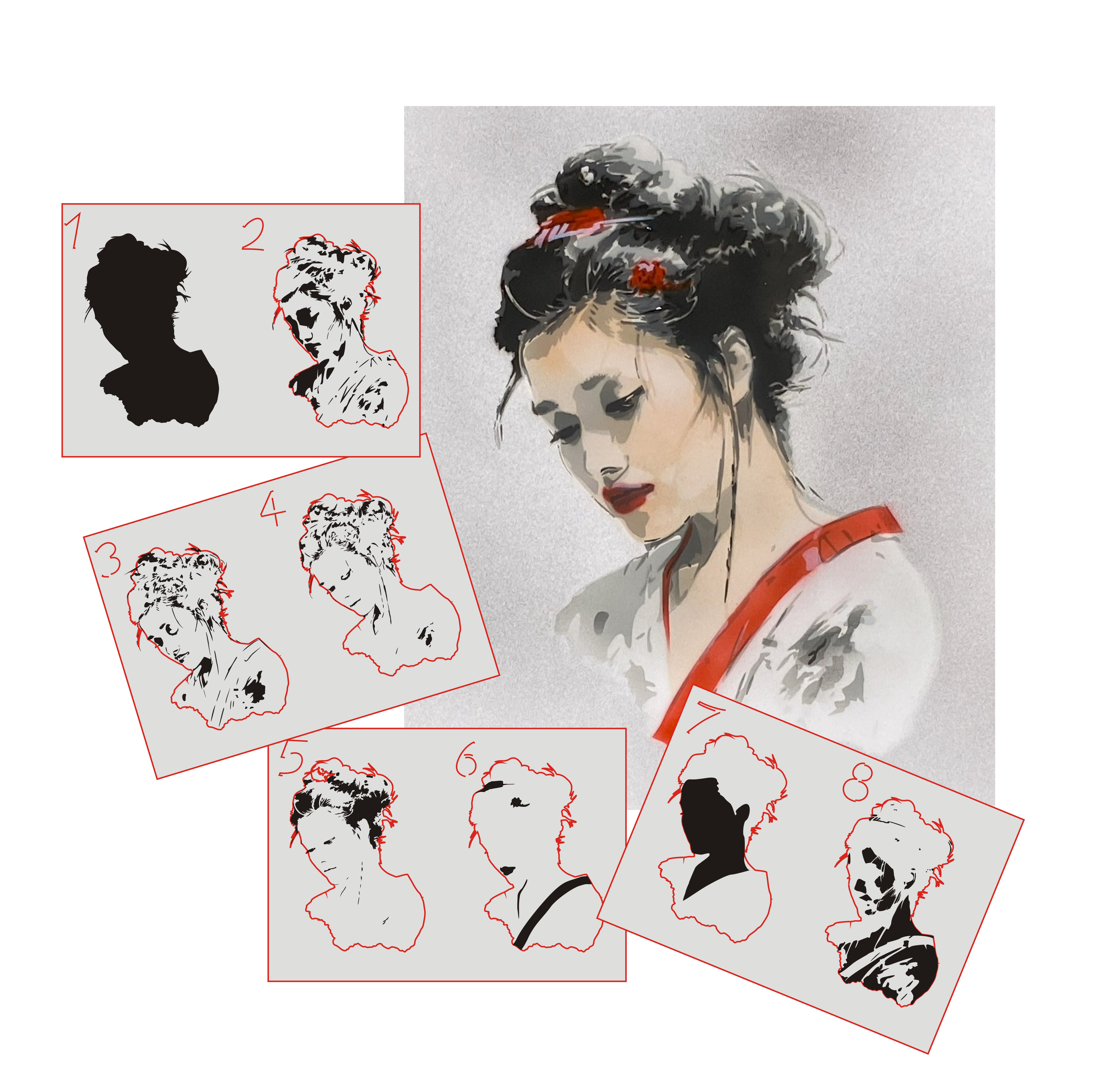 AS-381 Geisha Step by Step Schablone für Acryl, Airbrush, Spray, Lacke und Wandfarbe Größe L